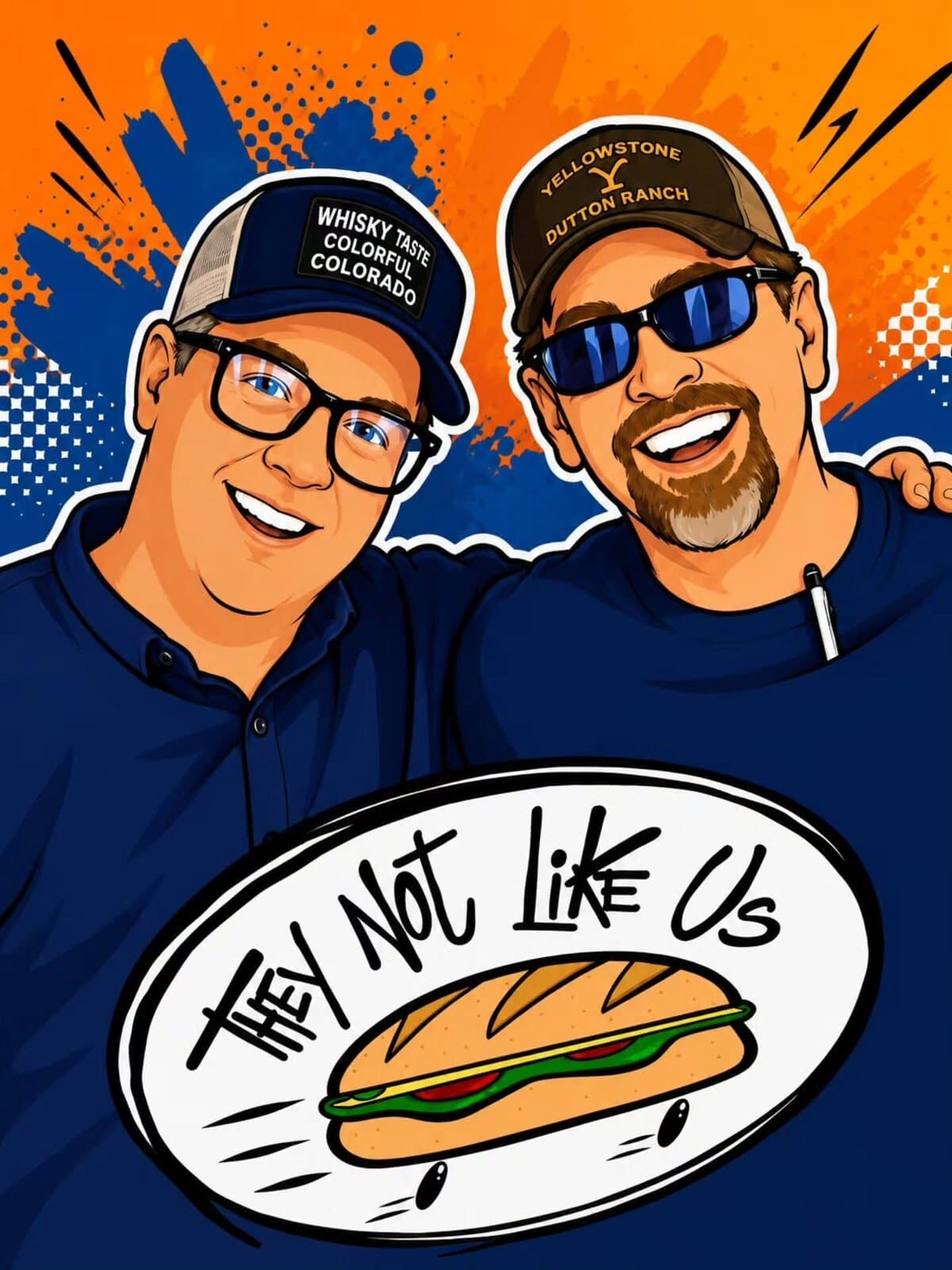 Illustrated portrait of Justin and Christopher, co-owners of TNLU Co.